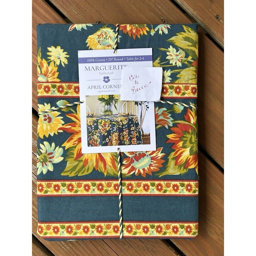 April Cornell Marguerite Floral Tablecloth 70” Round Dark Turquoise Cotton New